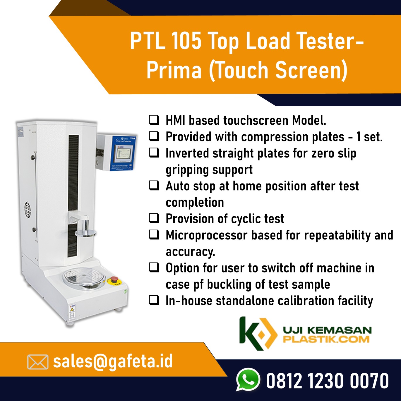 Jual Top Load Tester Prima, Alat Uji Kekuatan Tekan Botol Otomatis
